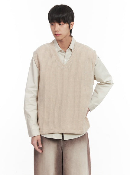mens-waffle-knit-v-neck-vest-im519 / Light beige