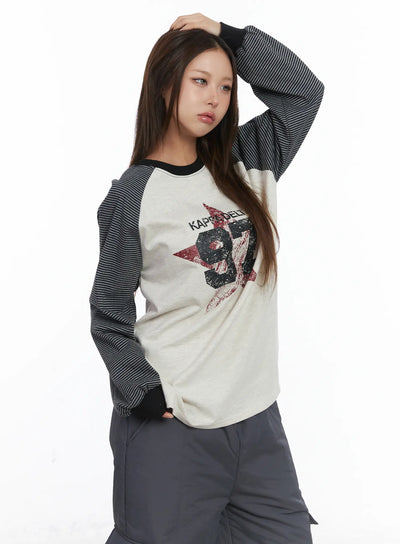 raglan-stripe-graphic-long-sleeve-cj512 / Light beige