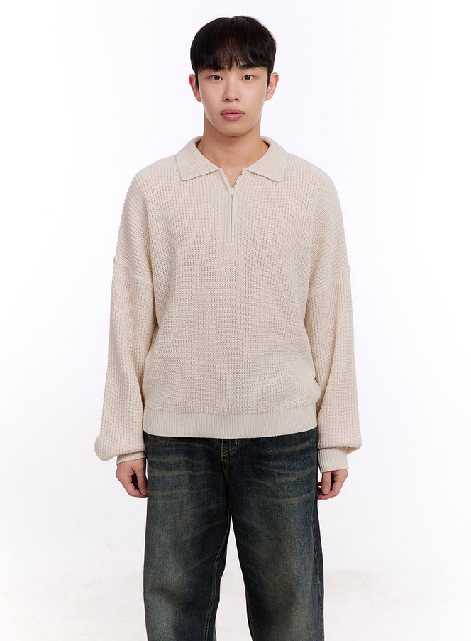 mens-ribbed-half-zip-sweater-im512 / Light beige