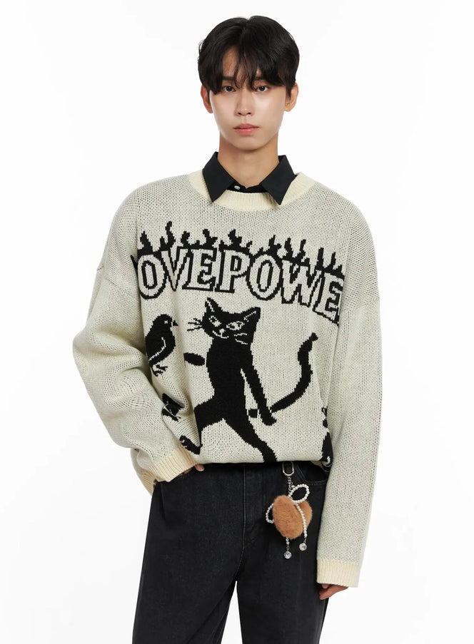 mens-oversized-graphic-knit-sweater-io517 / Light beige