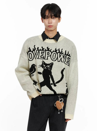 mens-oversized-graphic-knit-sweater-io517 / Light beige