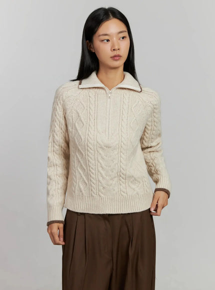 cable-knit-half-zip-sweater-ij505 / Light beige