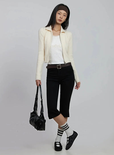 ribbed-knit-collared-zip-up-im520 / Light beige