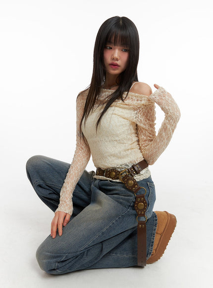 lace-asymmetrical-floral-lace-long-sleeve-top-cj415 / Light beige