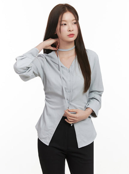 slim-fit-button-down-blouse-with-scarf-if505 / Light blue