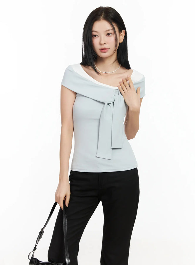 layered-knot-off-shoulder-tank-im524 / Light blue