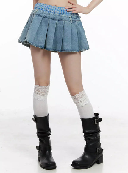 plaid-boxer-layered-denim-skirt-il531 / Light blue