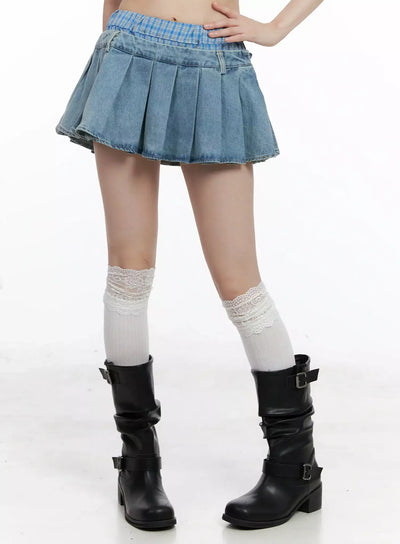 plaid-boxer-layered-denim-skirt-il531 / Light blue