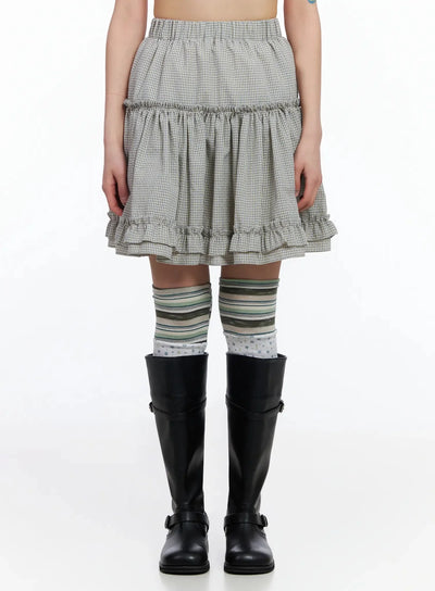 tiered-plaid-frill-midi-skirt-ia523 / Light blue