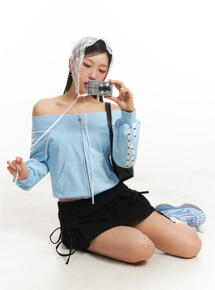 heart-off-shoulder-zip-up-jacket-ia524 / Light blue