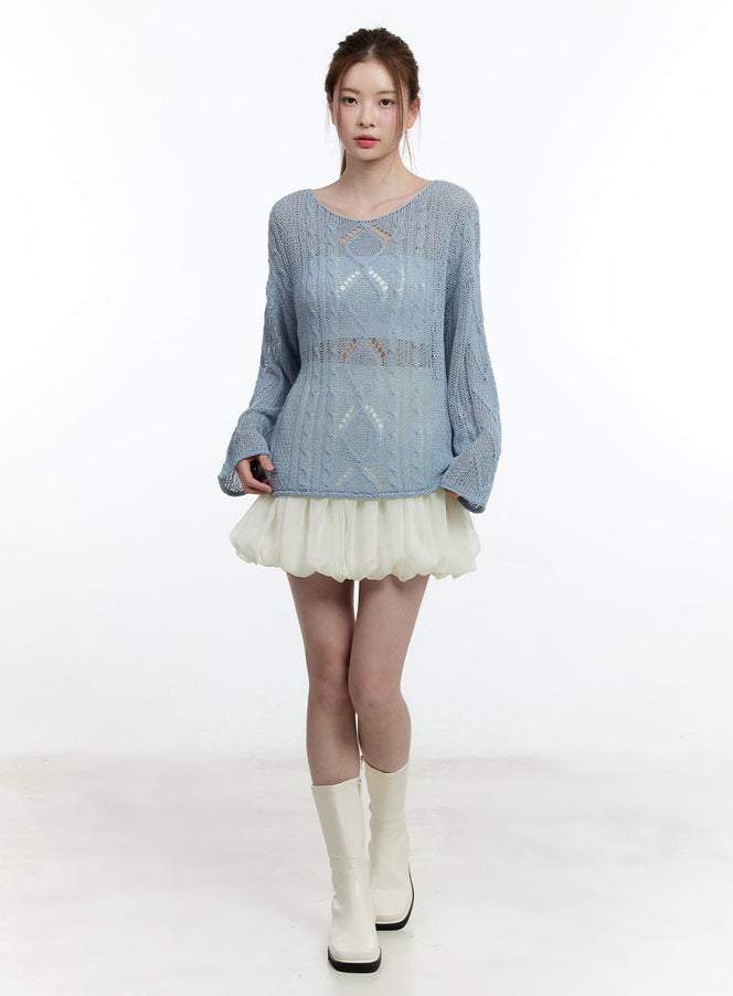 cable-knit-sheer-loose-fit-sweater-cm521 / Light blue