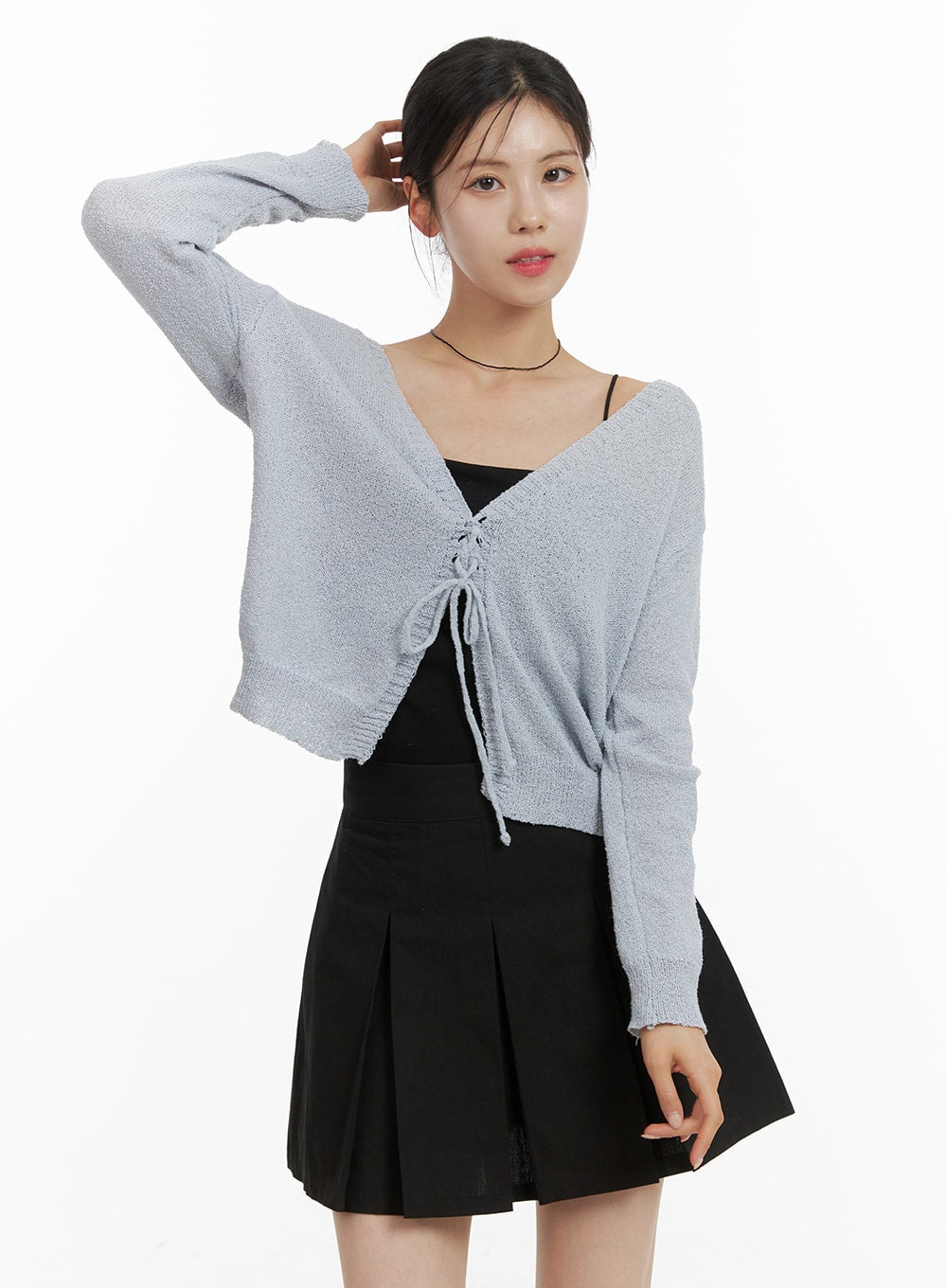 solid-textured-knotted-cardigan-oa422 / Light blue