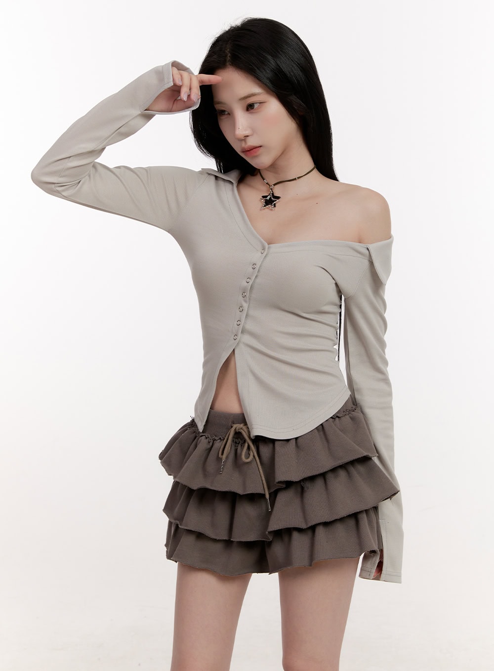 asymmetric-buttoned-slim-fit-cardigan-cj531 / Light gray