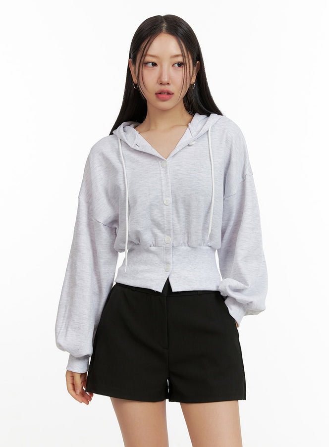 buttoned-crop-sweat-hoodie-ou411 / Light gray