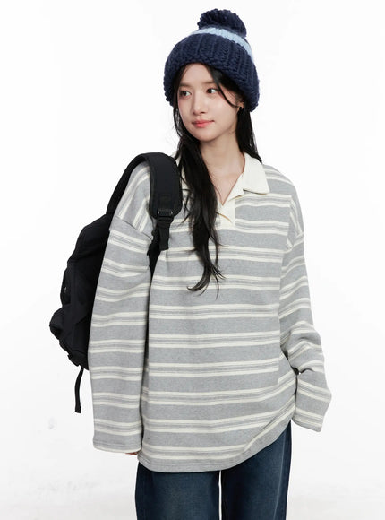 striped-collared-long-sleeve-top-co524 / Light gray