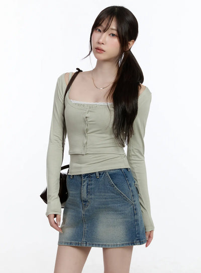 lace-trim-cami-top-and-square-neck-cardigan-set-ca502 / Light green