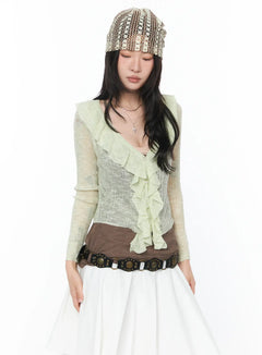 sheer-ruffle-faux-pearl-cardigan-ca527 / Light green