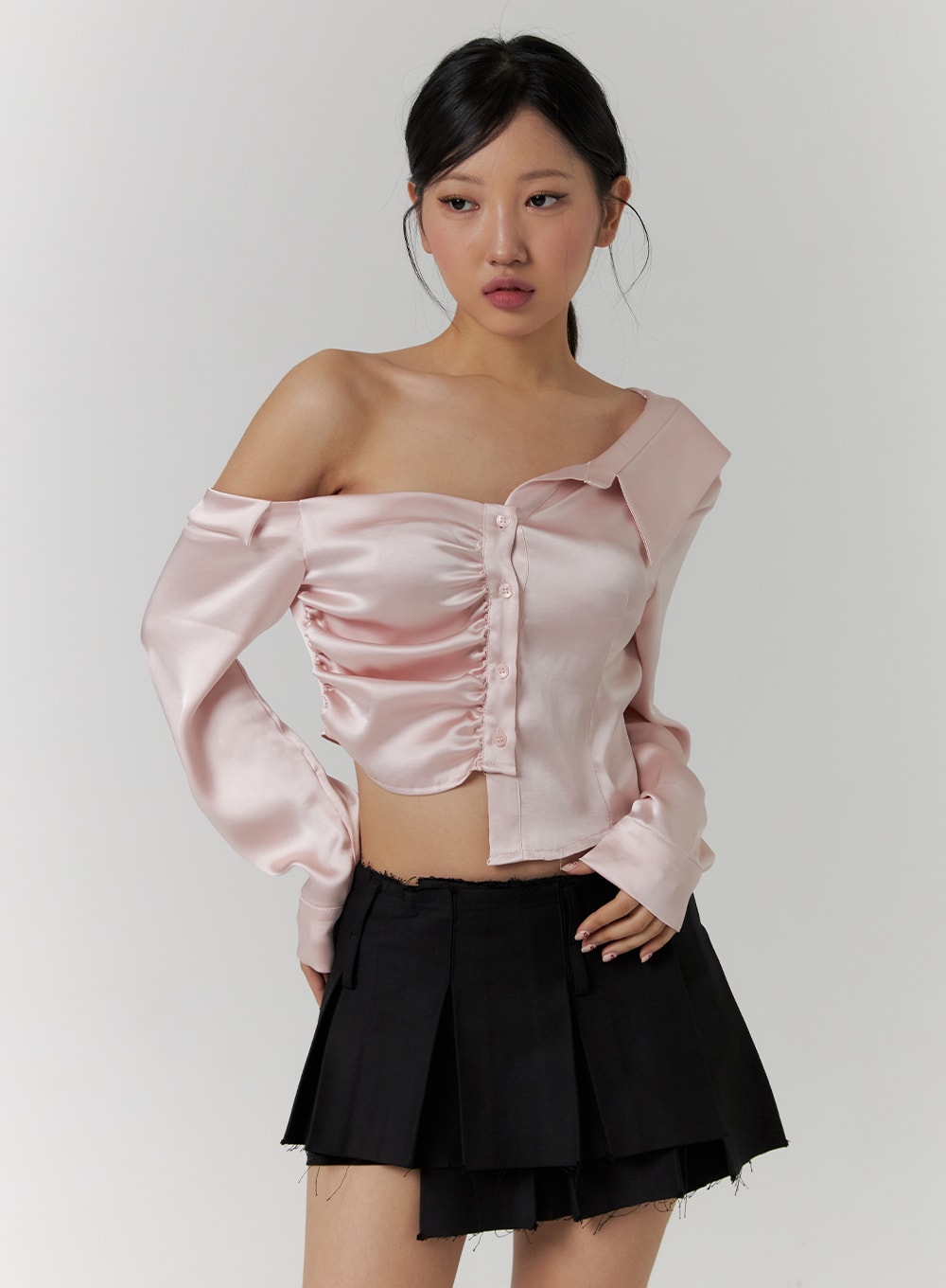 Shirred Satin Asymmetrical Crop Shirt CD318