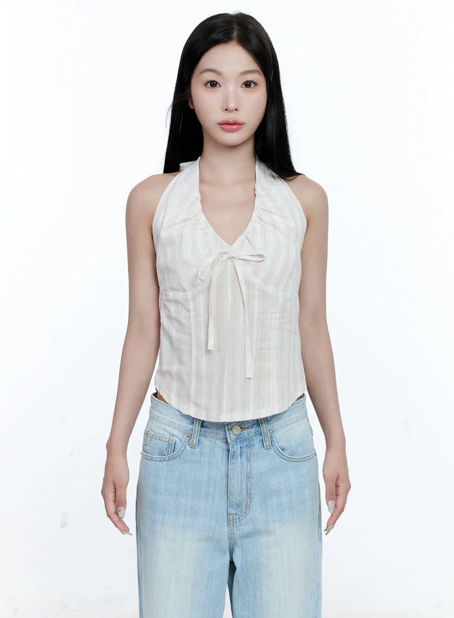 striped-ribbon-halter-top-cg512 / Light pink