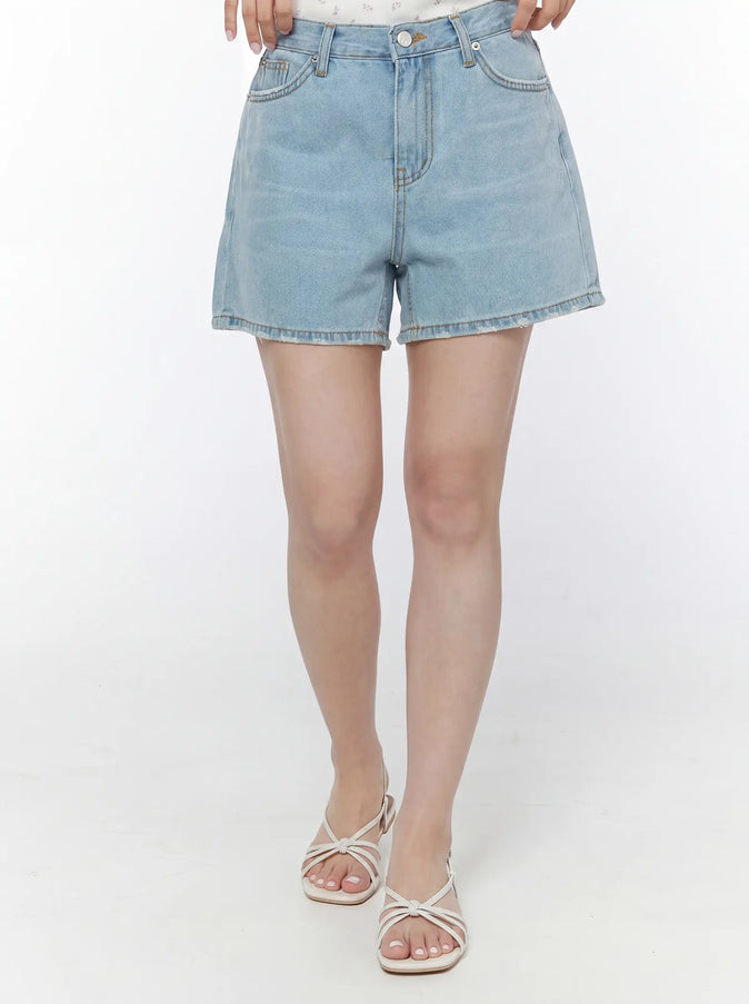 Washed Denim High-Waist Shorts IY507