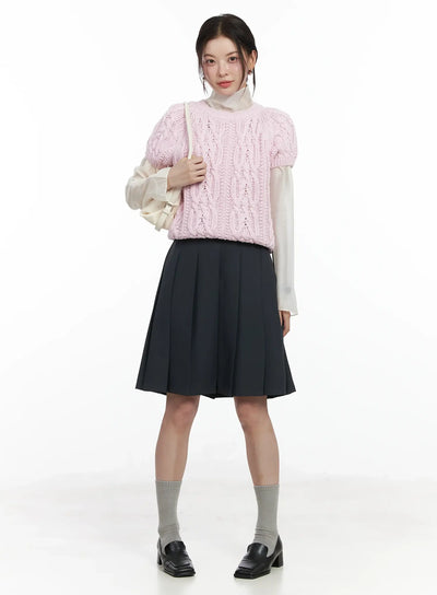 cable-knit-short-sleeve-top-if524 / Pink
