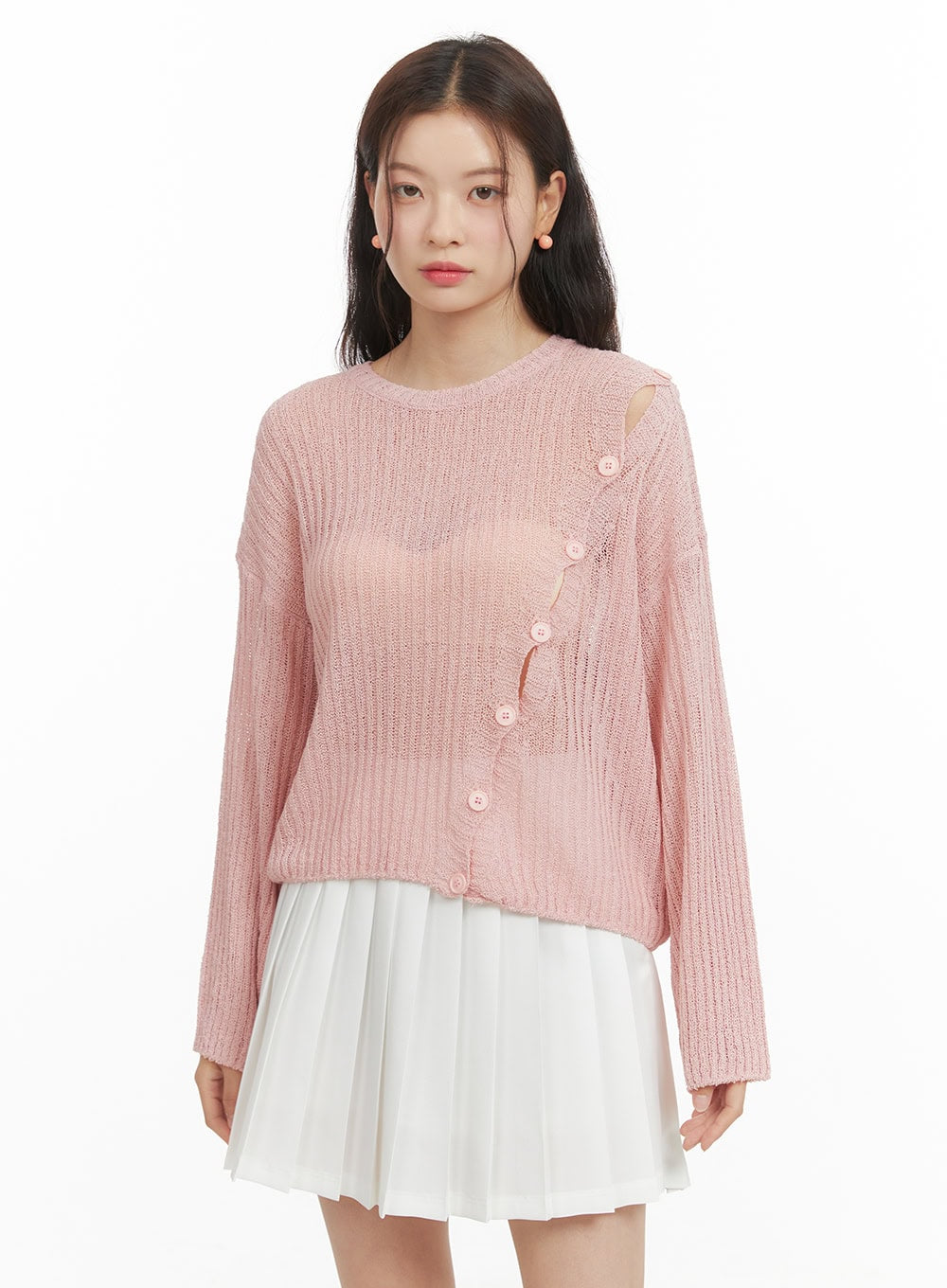 unbalanced-buttoned-hollow-out-sweater-oy421 / Pink