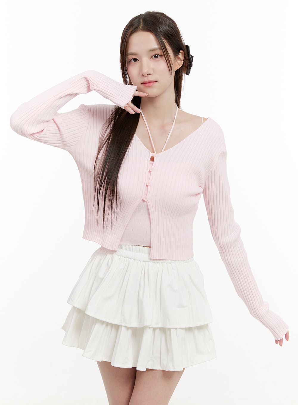 cable-knit-v-neck-cardigan-og428 / Pink