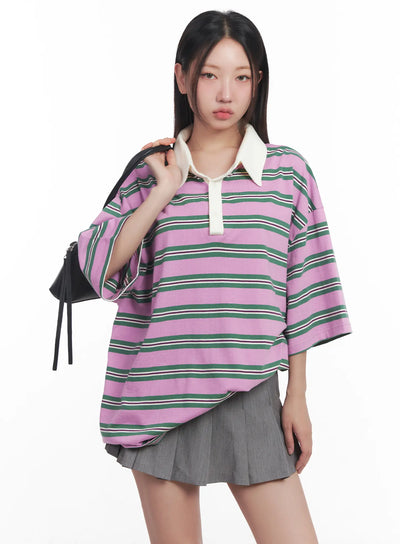 oversized-striped-polo-shirt-cu517 / Pink