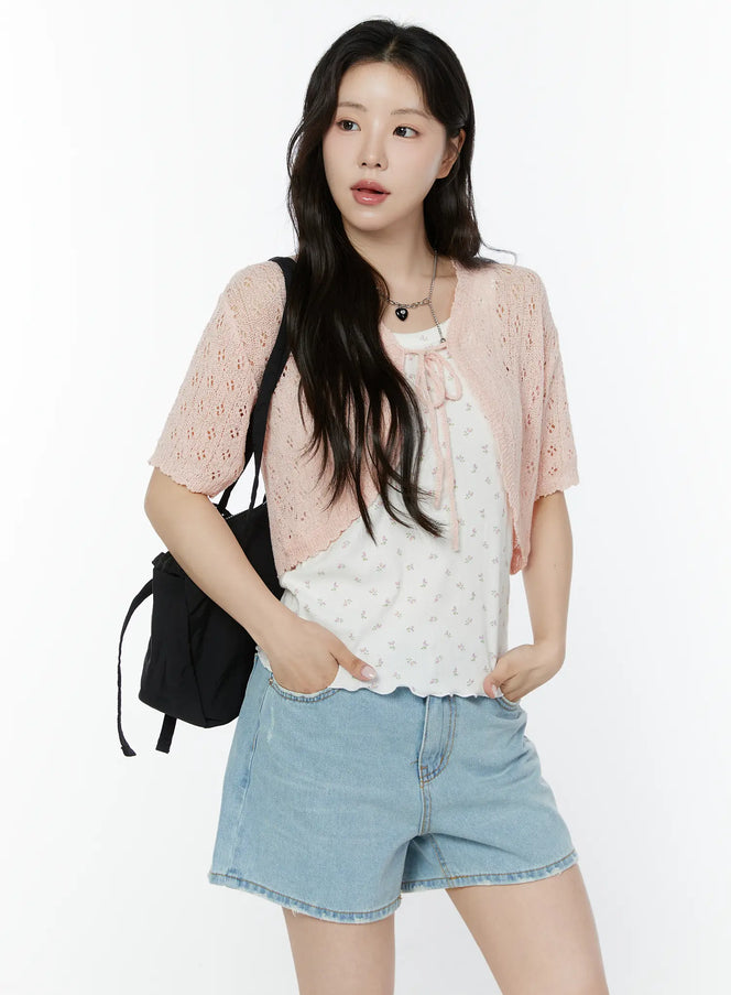 half-sleeve-lace-knit-cardigan-iy507 / Pink