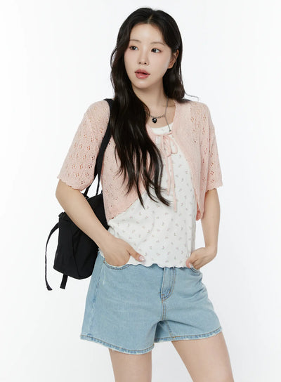 half-sleeve-lace-knit-cardigan-iy507 / Pink