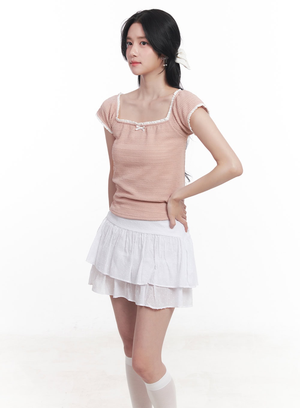 ribbon-lace-square-neck-crop-top-cy523 / Pink