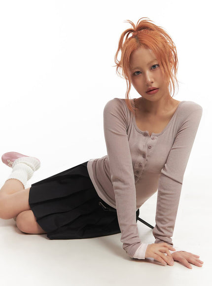 henley-layered-long-sleeve-top-ia515 / Pink