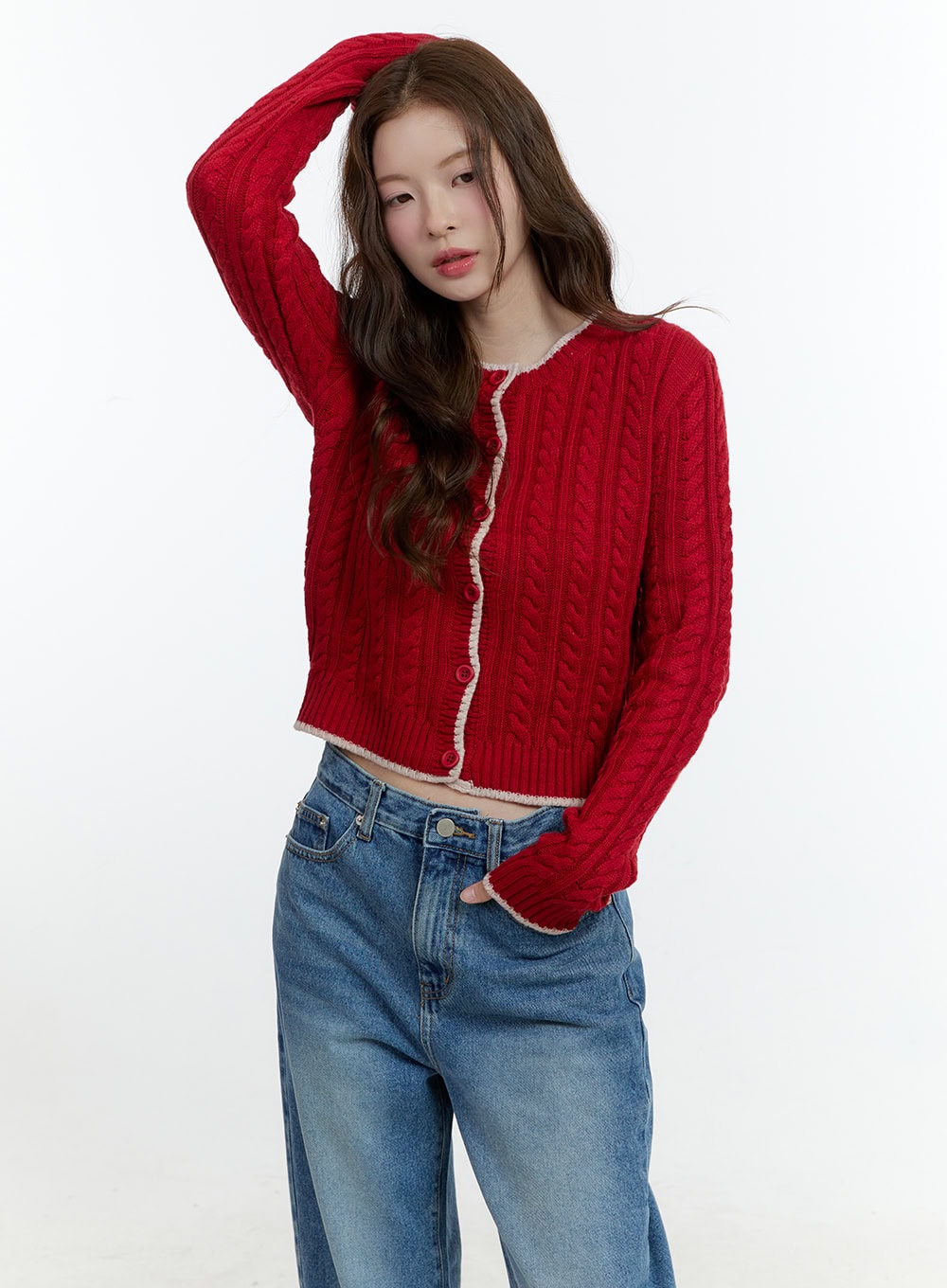 cozy-cable-knit-buttoned-cardigan-cf503 / Red