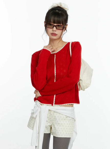 contrast-pointelle-lace-trim-cardigan-cf509 / Red
