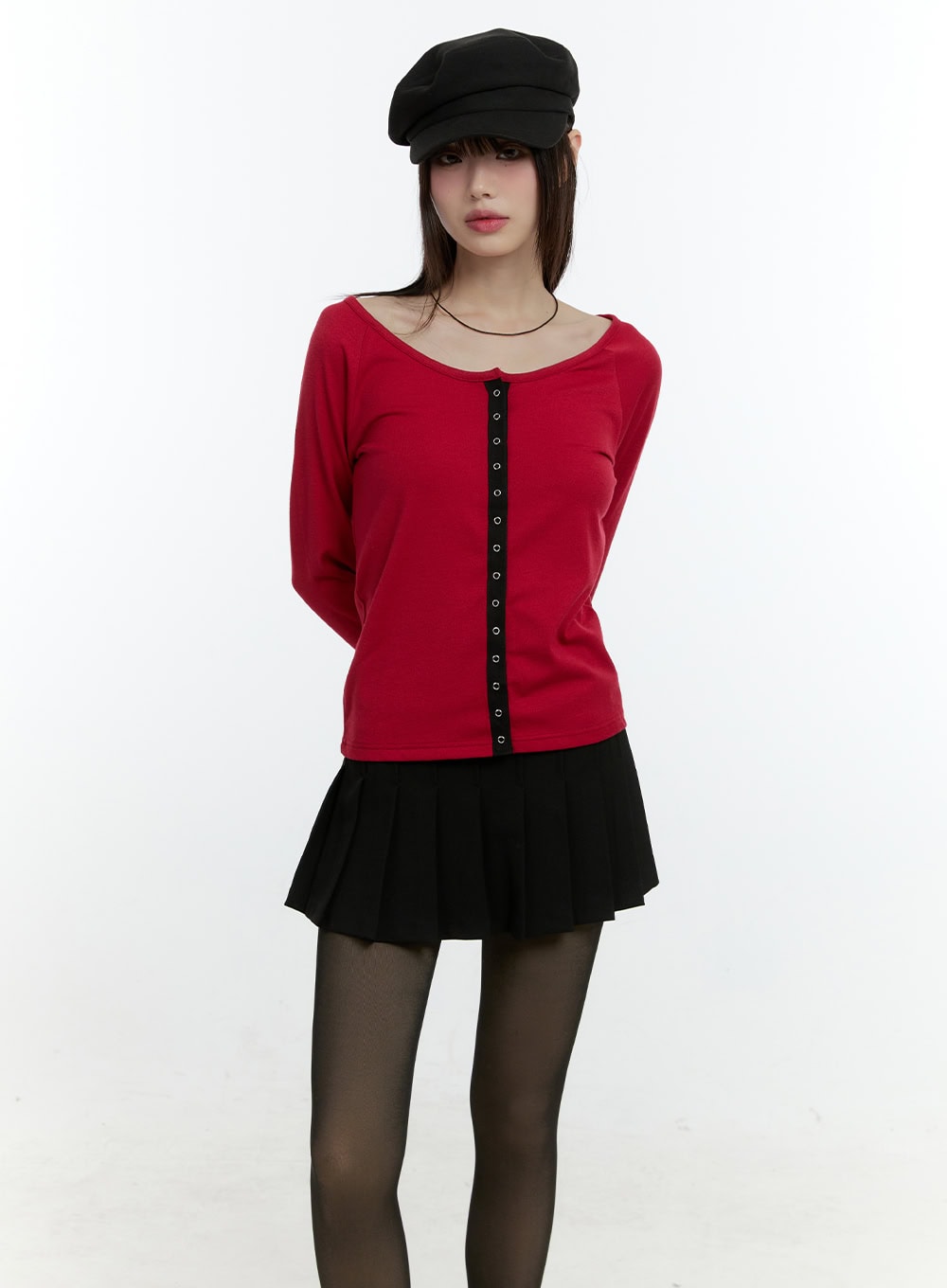 contrast-buttoned-cardigan-cf507 / Red