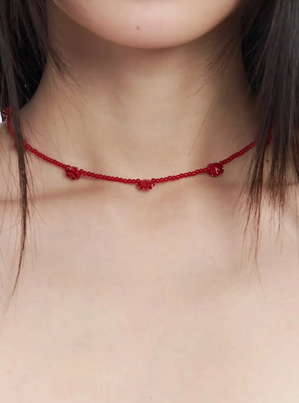 rose-beaded-choker-necklace-if505 / Red