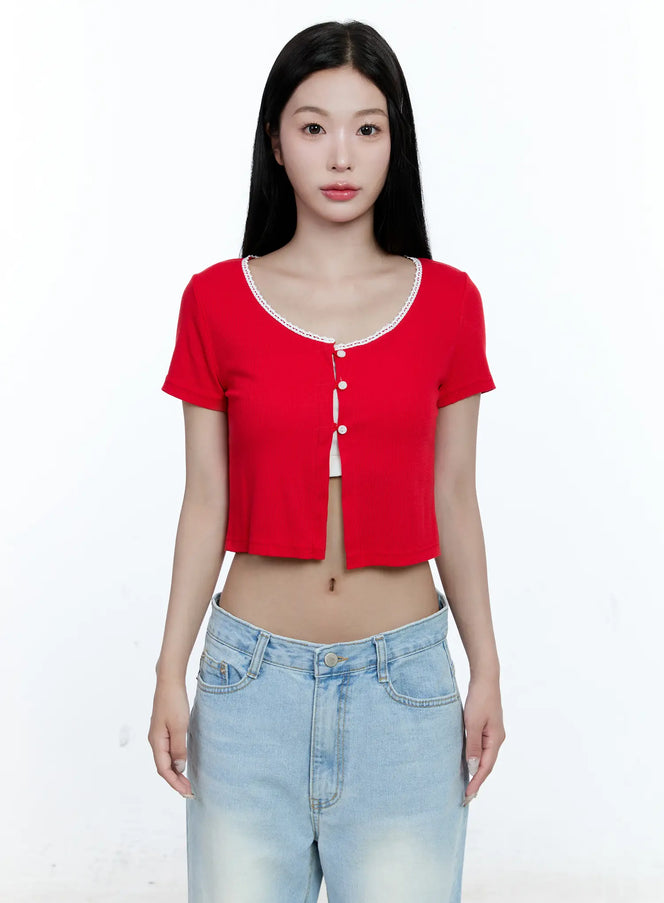 Cropped Button-Up Short Sleeve Cardigan CG512