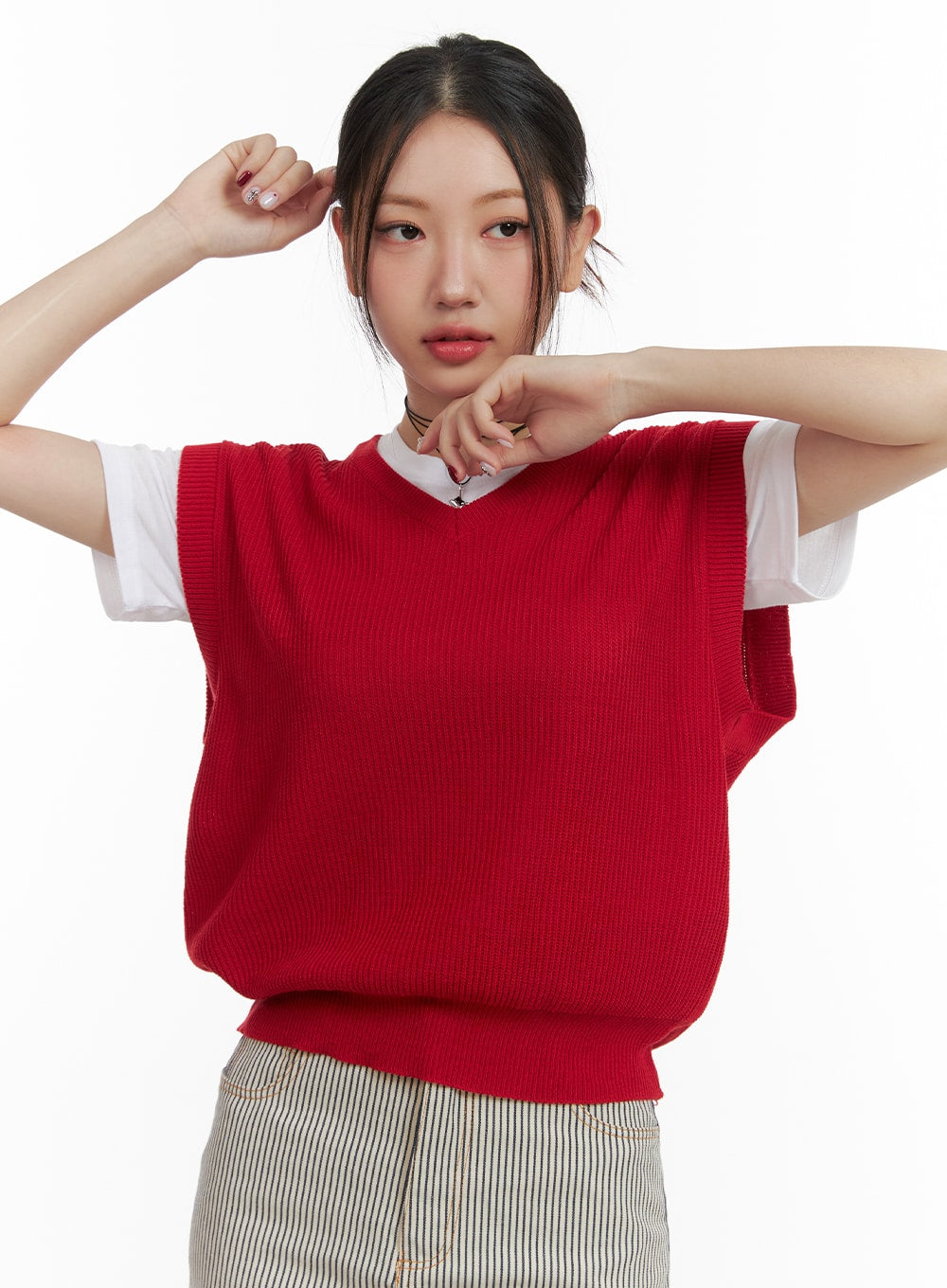v-neck-knit-sweater-vest-oa419 / Red