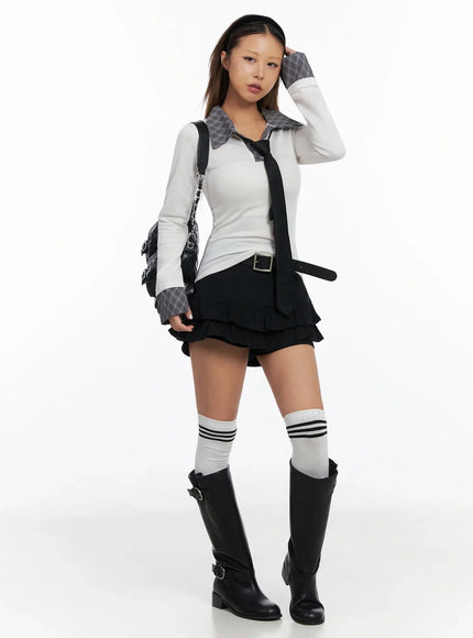 checkered-collar-top-in528 / White