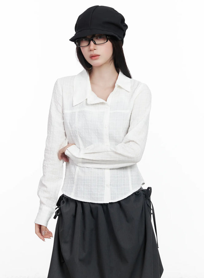 asymmetric-plaid-long-sleeve-shirt-cf523 / White