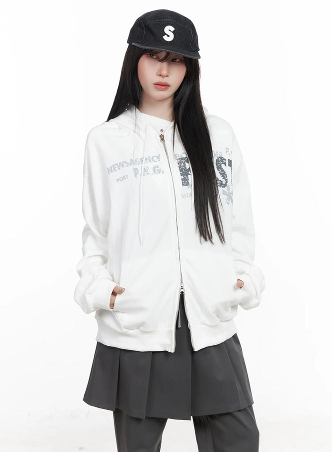 oversized-graphic-zip-up-hoodie-cf523 / White