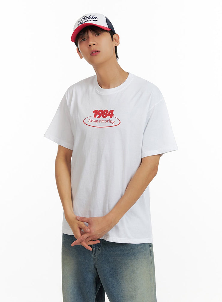 mens-lettering-round-neck-t-shirt-white-iu418 / White