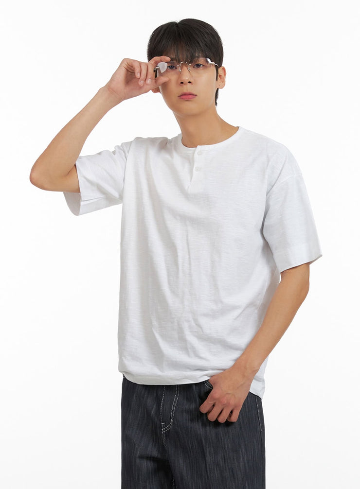 mens-cotton-round-neck-button-t-shirt-white-iu419 / White