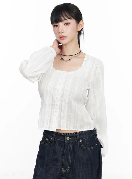 lace-button-front-square-neck-blouse-cf518 / White