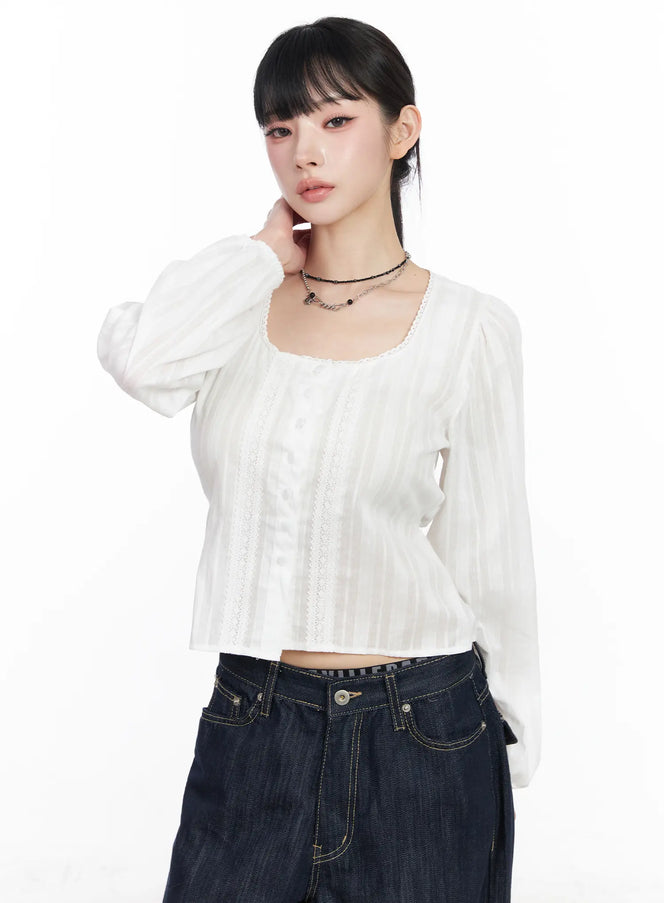 lace-button-front-square-neck-blouse-cf518 / White