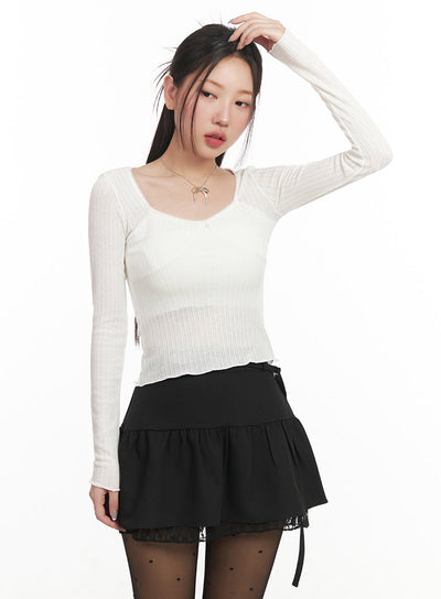 ribbon-lace-trim-long-sleeve-top-im524 / White