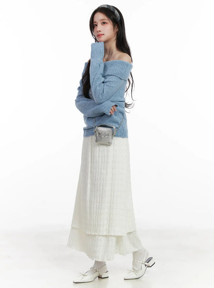 layered-textured-maxi-skirt-cn526 / White