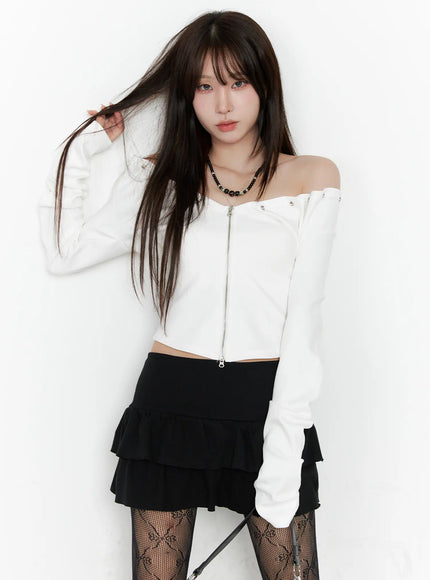 off-shoulder-zip-up-crop-top-co520 / White