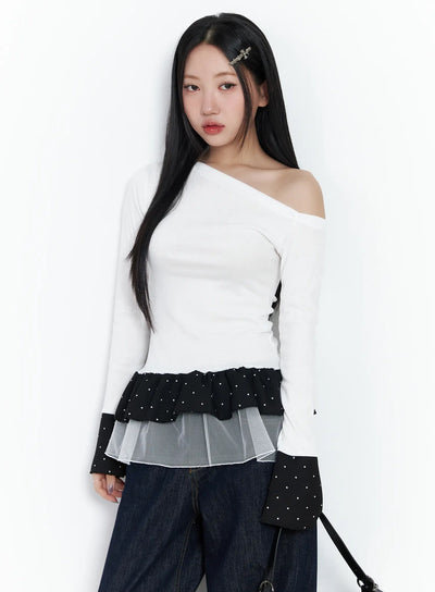 dotted-frill-long-sleeve-top-cf503 / White