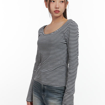 striped-cotton-u-neck-long-sleeve-tee-cn412 / White